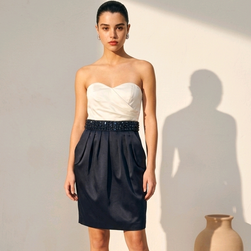 Y2K Ruby Rox Strapless Two-Tone Cocktail Dress - White Top, Navy Skirt
